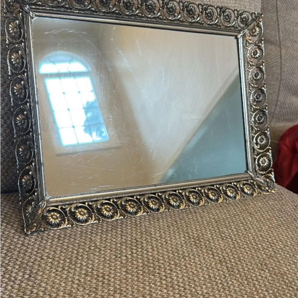 Vintage Brass gold tone filigree, ornate dresser vanity mirror tray